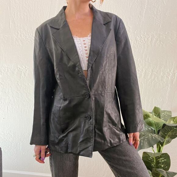 Vintage Jackets & Blazers - Vintage 1990's Black 100% Leather Fitted Blazer Jacket